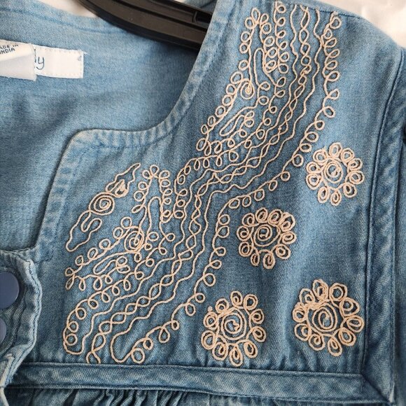 Go Softly Patio Denim House Muumuu Dress Zipper Small Embroidery Short Sleeves - Picture 6 of 12